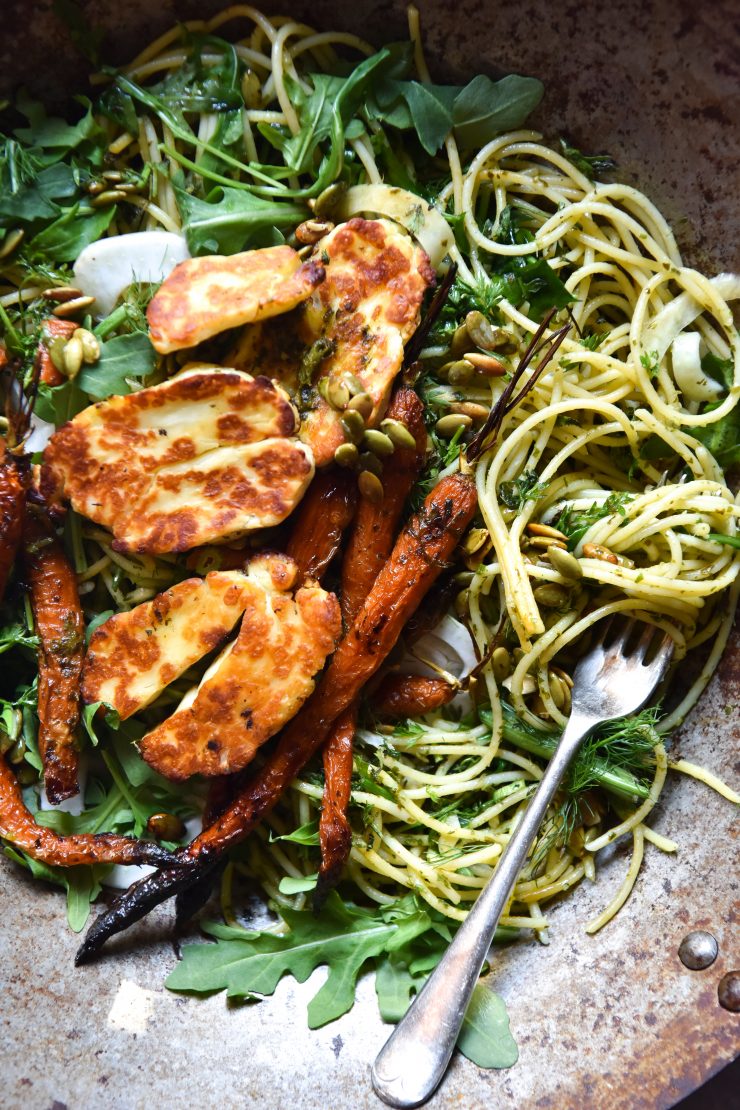 Honey and butter roasted carrot pasta with halloumi and lemon herb sauce from www.georgeats.com