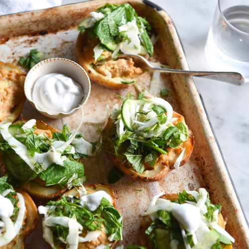 Vegan cheesy miso baked potatoes with fennel cucumber salsa from www.georgeats.com