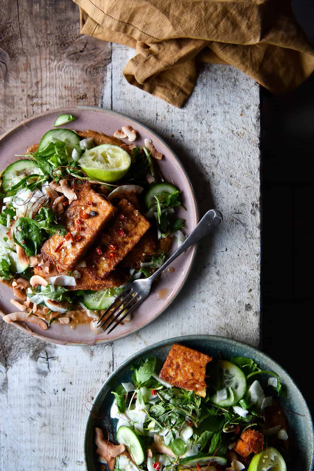 An aerial image of two plates of vegan, gluten free salt and pepper tofu with kaffir satay and fennel salad on a wooden table.