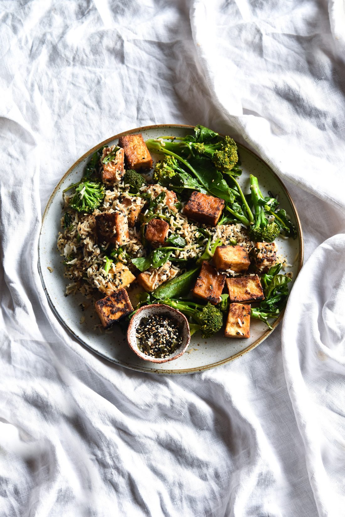 Crispy fried miso tofu, broccolini and furikake rice bowls Eats