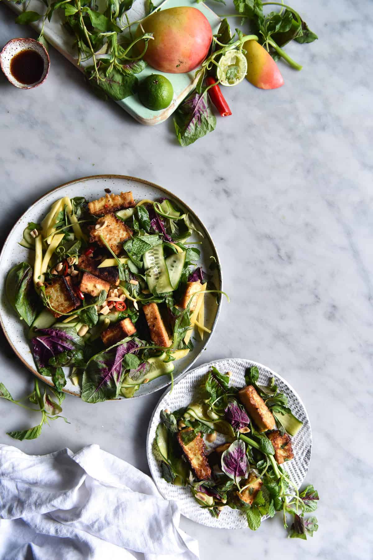 An aerial image of salt and pepper tofu salad on two white ceramic plates atop a white marble table. 