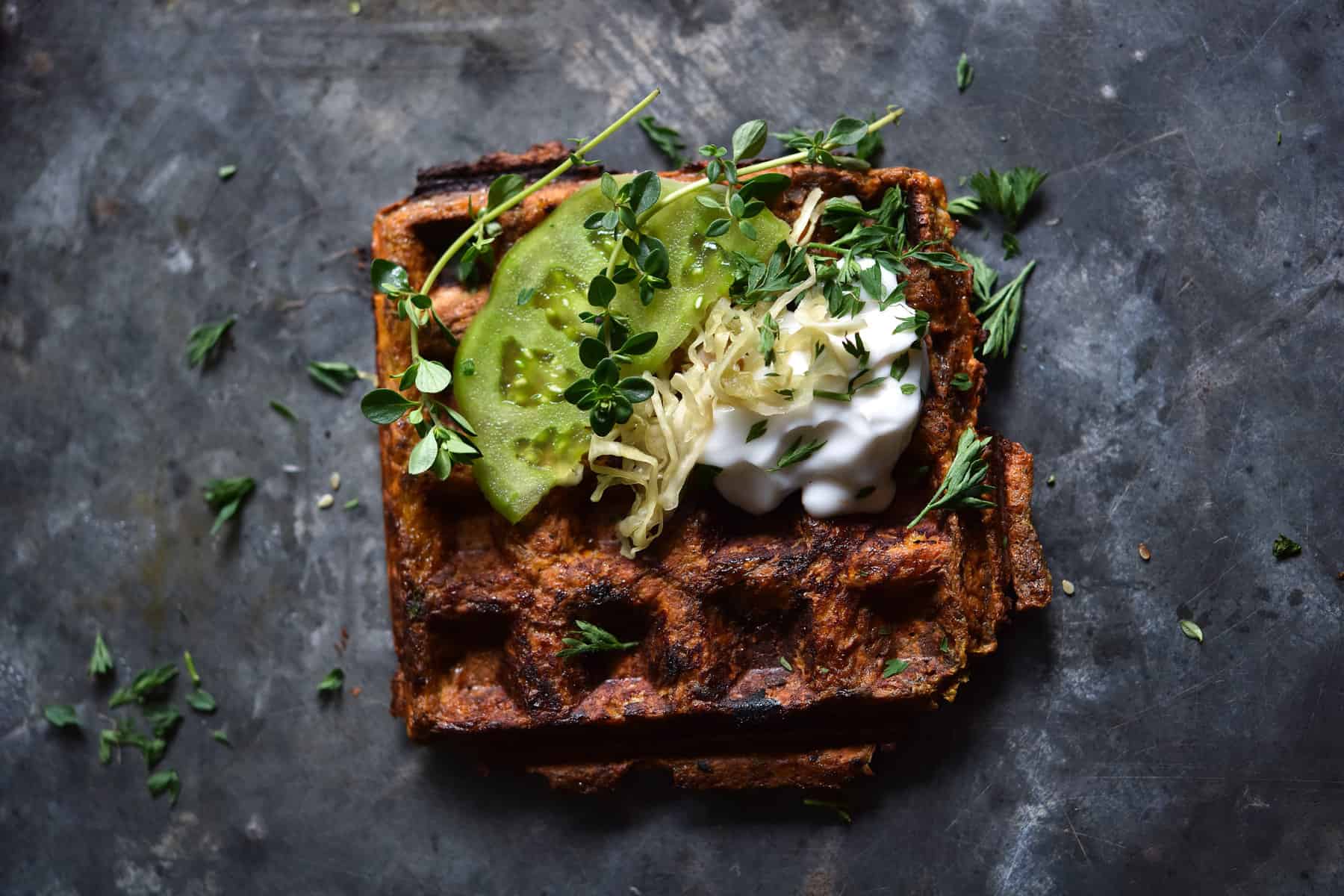 Three ingredient savoury sweet potato waffles. Gluten free, FODMAP friendly and grain free. From www.georgeats.com