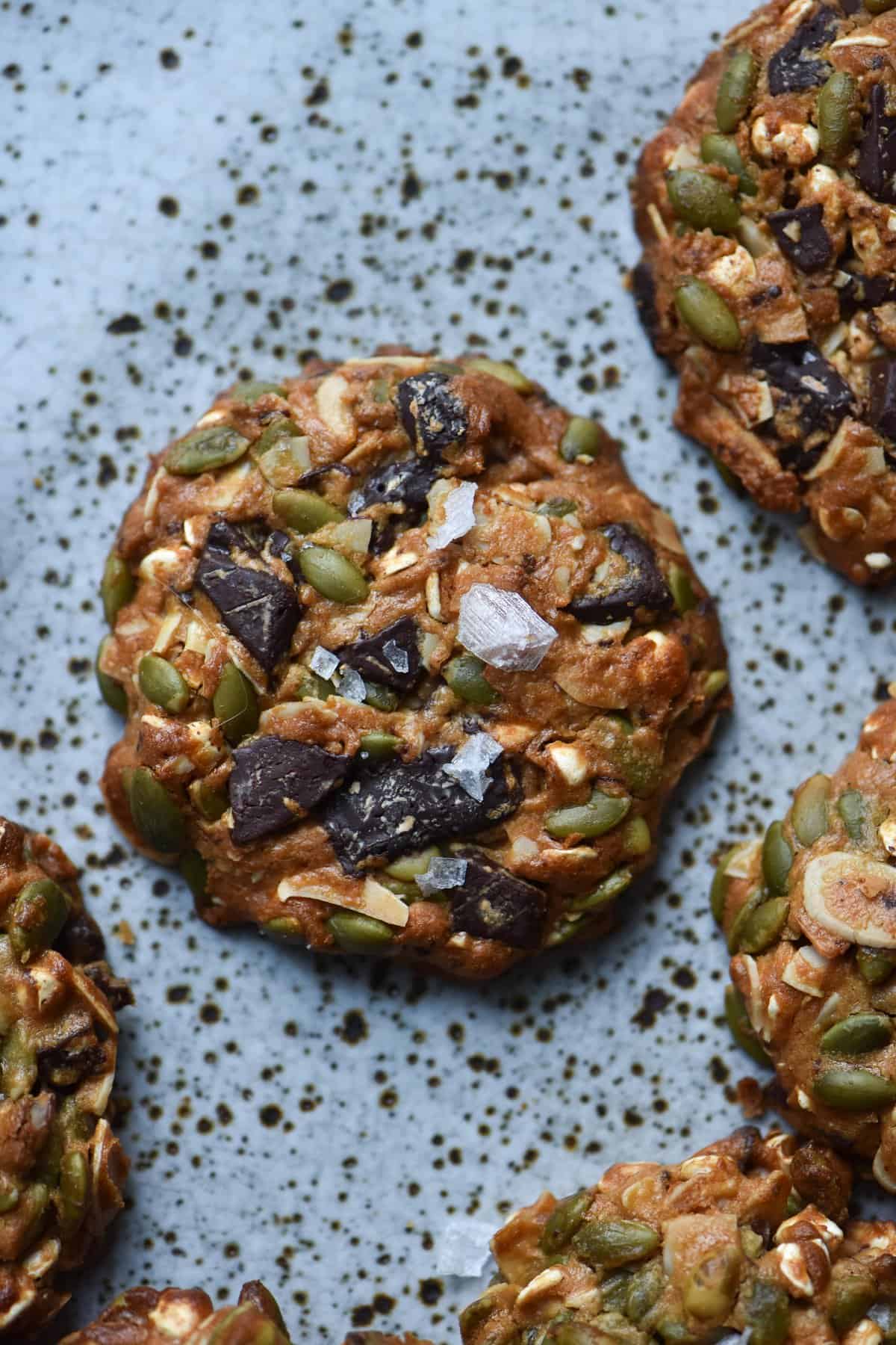 A close up of gluten free peanut butter nut and seed cookies