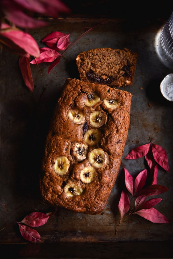 Brown butter banana bread with chocolate chips and blueberries. Gluten free, nut free and refined sugar free, from www.georgeats.com