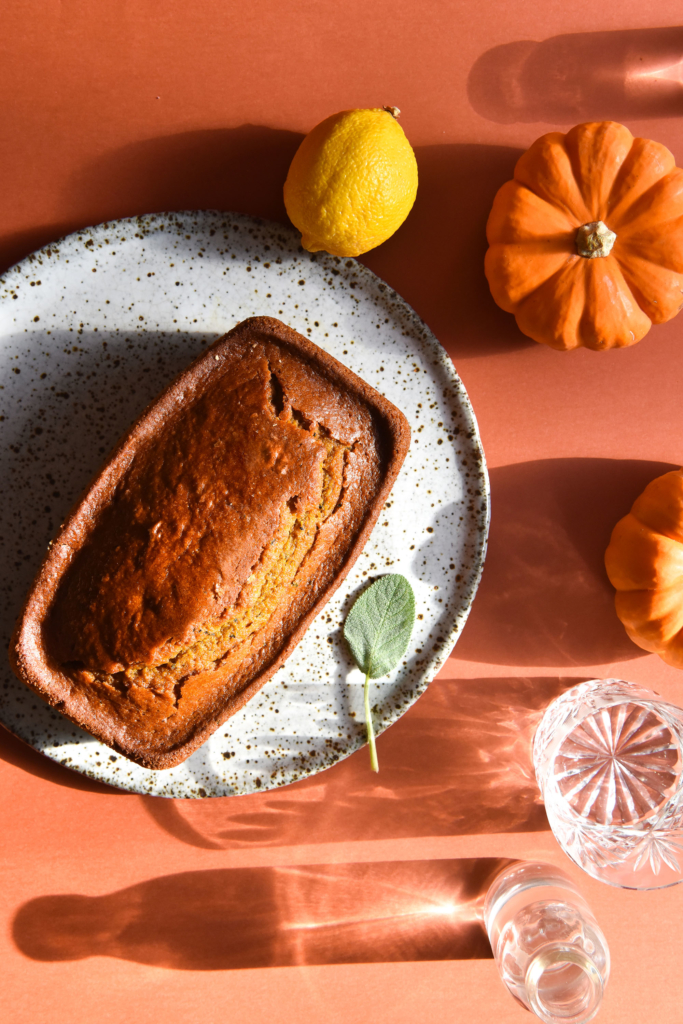Gluten free pumpkin earl grey loaf with lemon drizzle and sugared sage leaves (FODMAP friendly) from www.georgeats.com