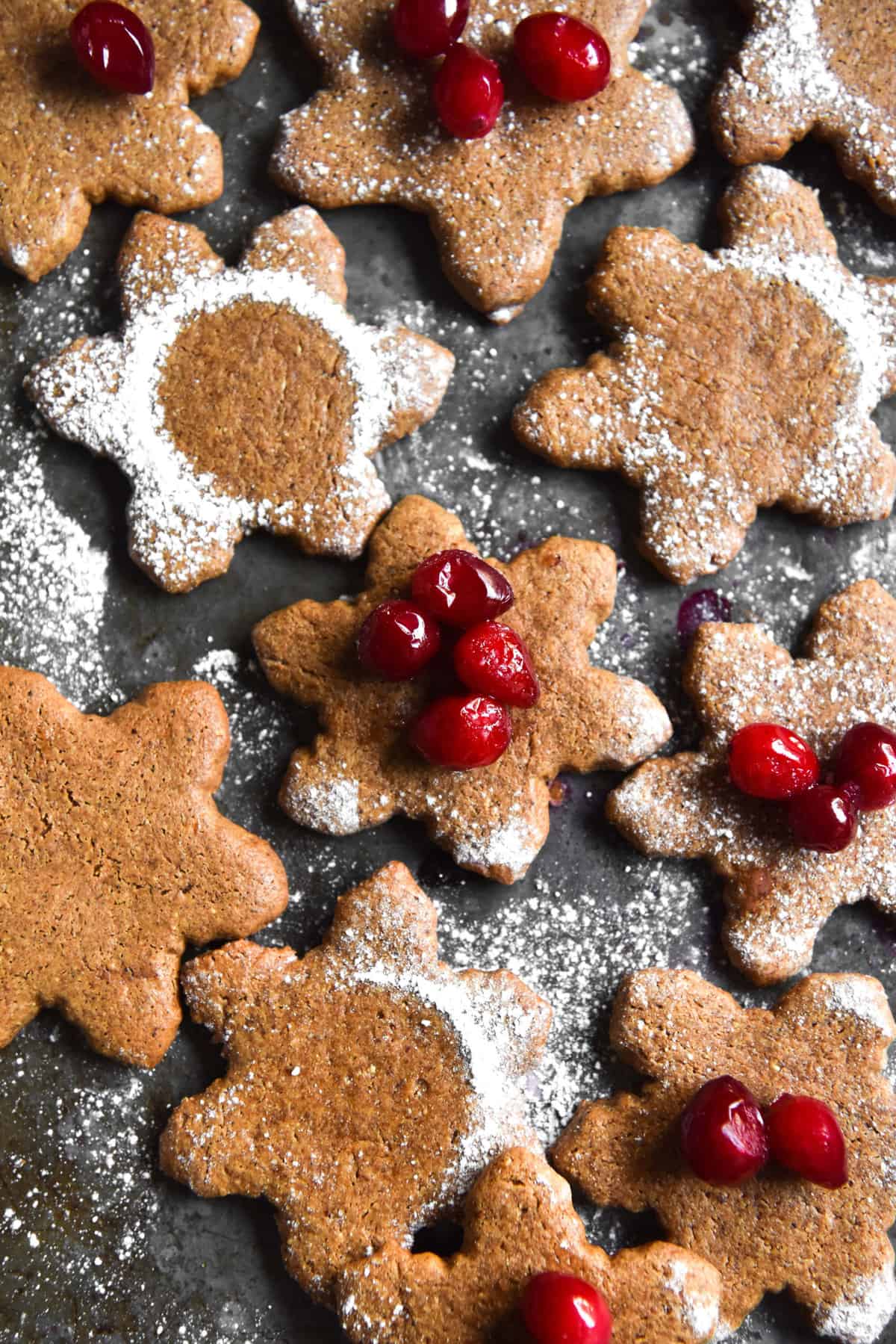 Grain free gingerbread arranged on a mottled blue steel backdrop. The gingerbread are cut out in various shapes and some are topped with a sprinkling of icing sugar or cranberries