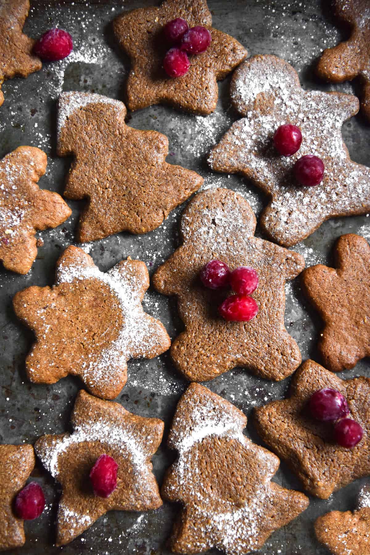 An aerial image of grain free gingerbread in various shapes on a dark steel backdrop. The gingerbread are sprinkled with icing sugar and some are topped with decorative cranberries. 