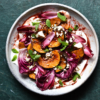 An aerial photo of a spiced pumpkin salad with radicchio, feta, pine nuts, mint and Christmas salad on a white ceramic serving platter atop an olive green tabletop.