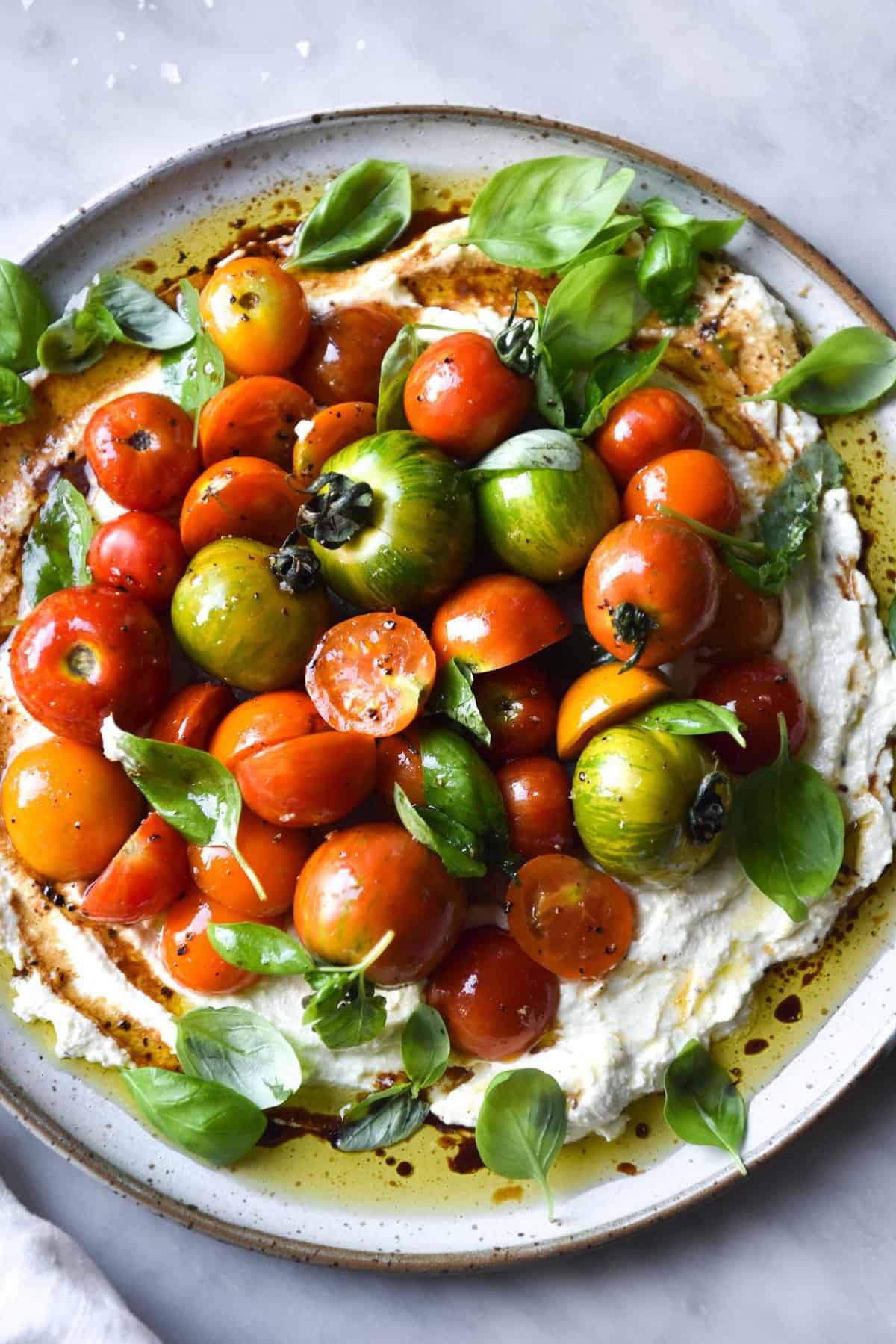 Lactose free lemon ricotta with summer tomatoes and basil