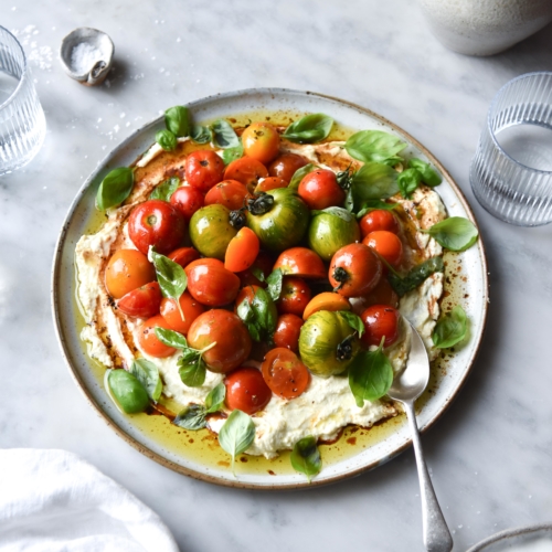 An aerial view of a plate of lactose-free lemon ricotta with summer tomatoes, balsamic and basil. The salad sits atop a white ceramic serving dish on a white marble table. The dish is surrounded by white linen, plates and crockery, which contrasts with the beautiful vibrance of the tomatoes.