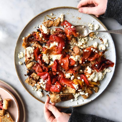 An aerial image of a plate of gluten free sourdough croutons with homemade lactose free ricotta, roasted capsicums and a balsamic glaze. The plate sits atop a white marble table and hands extend out to hold the plate. It surrounded by water glasses and extra plates.