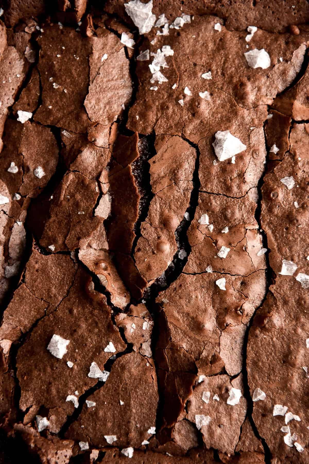 A close up aerial macro image of a gluten free brownie with a crackly top.
