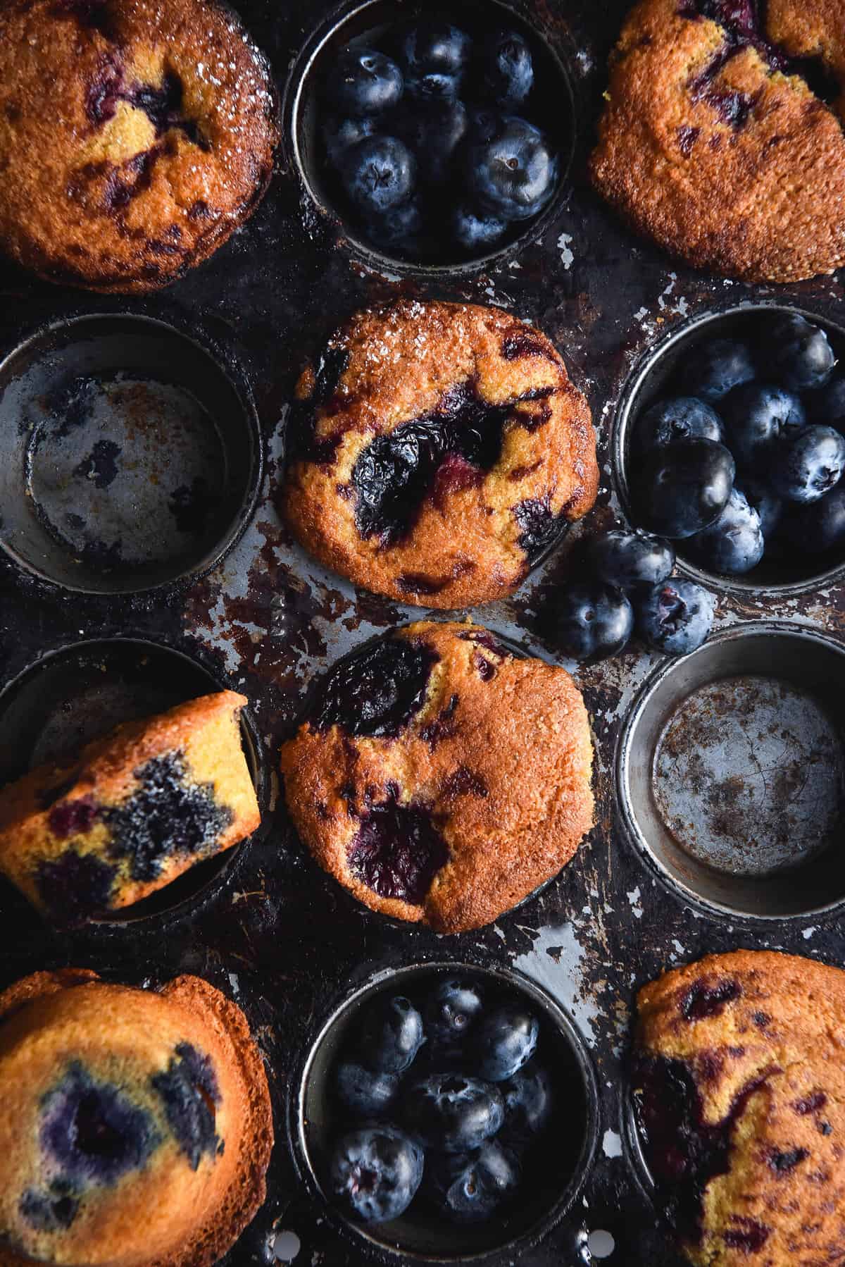 An aerial view of a tray of gluten free blueberry muffins. The empty muffin holes are filled with fresh blueberries.