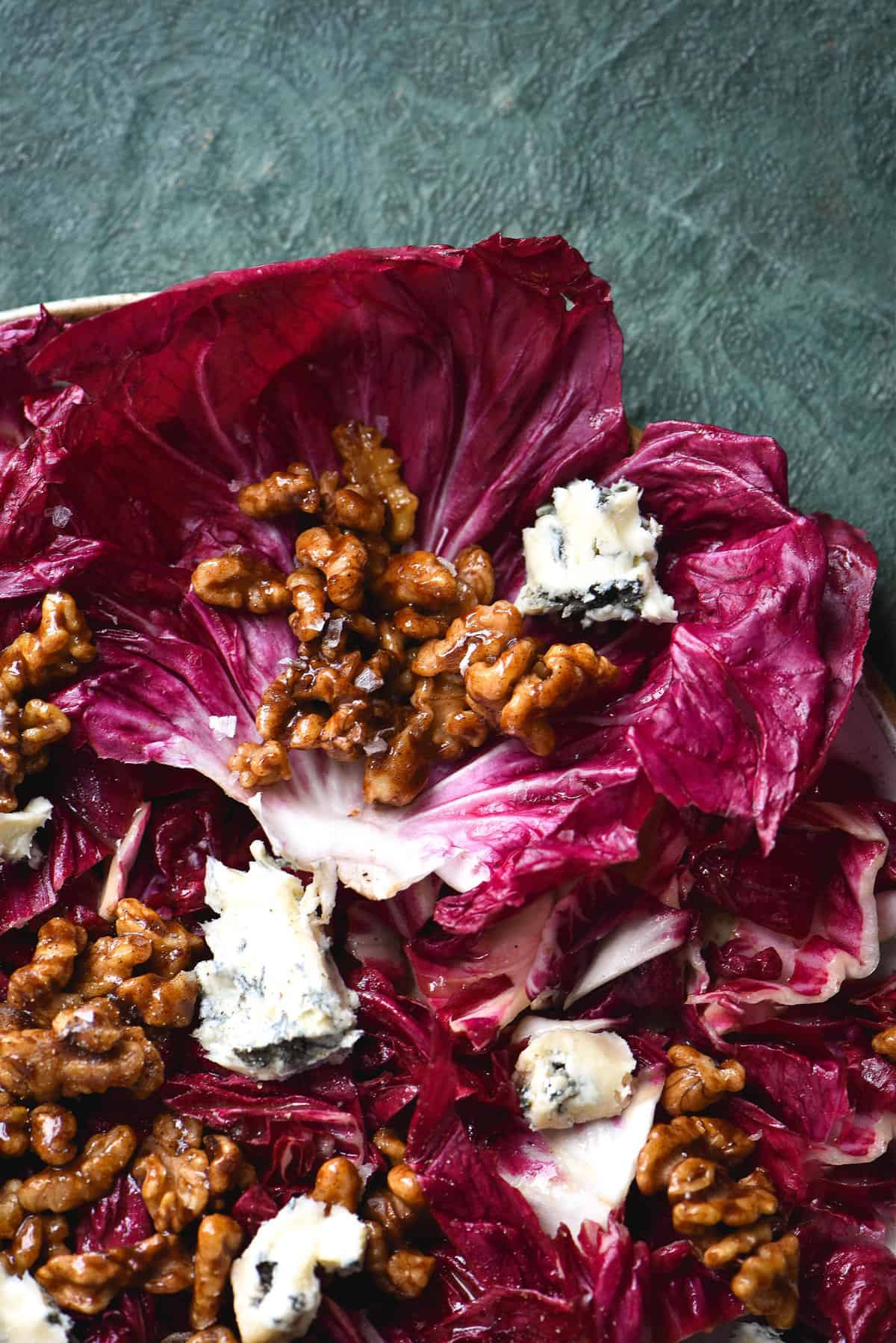 A close up of a Radicchio salad with blue cheese. honey cinnamon walnuts and a sherry vinaigrette on a green backdrop