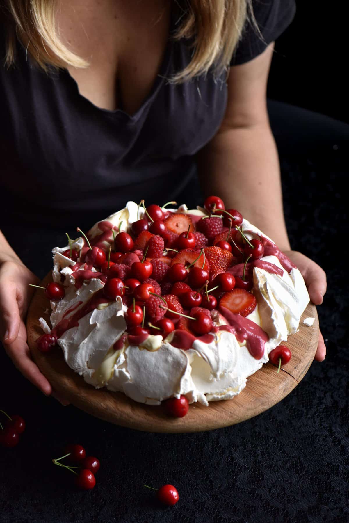 Pavlova with lactose free raspberry yolk curd and berries (waste free)