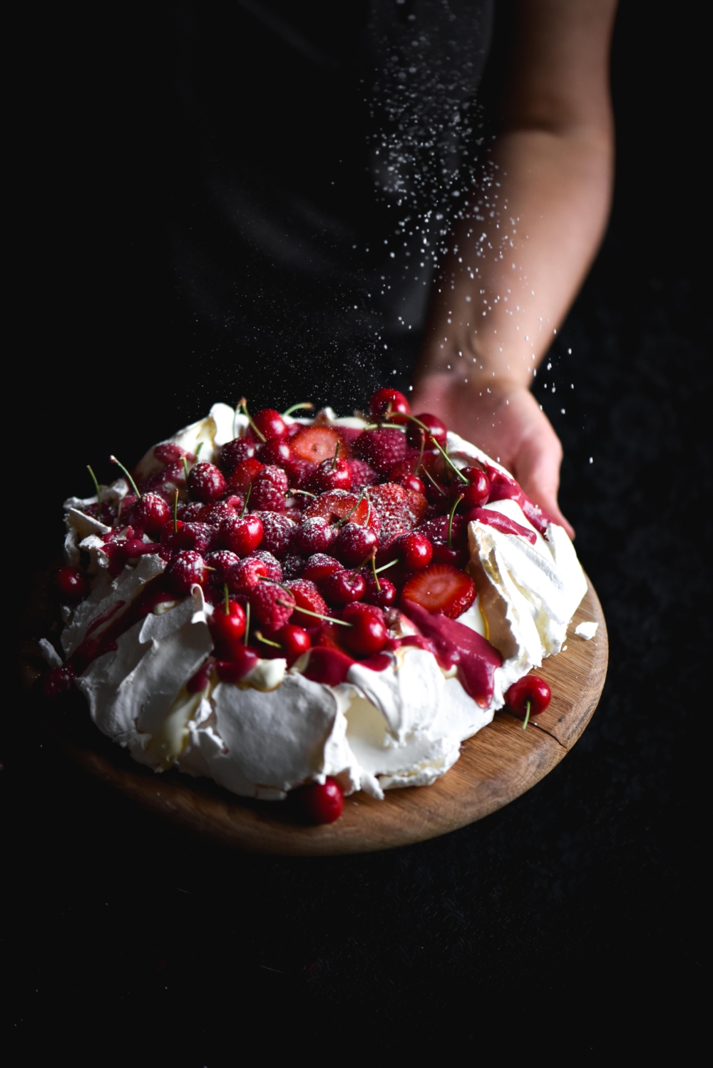 Pavlova with lactose free raspberry yolk curd and berries (waste free