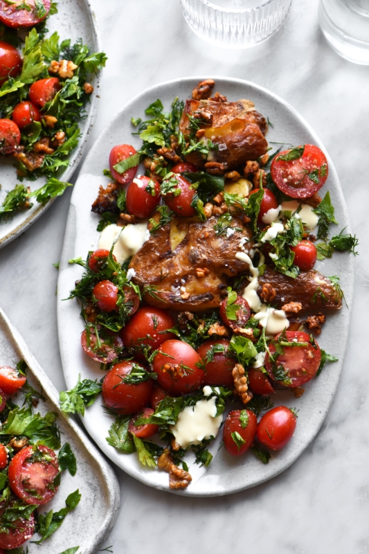 Crispy smashed potatoes with zingy sour cream, dill and smokey maple