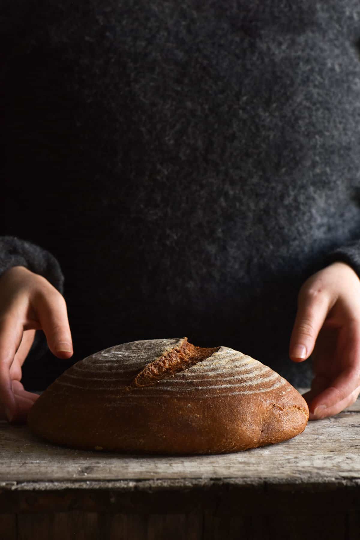 A loaf of gluten free sourdough bread sits atop a wooden backdrop, viewed from a side on angle. A person stands behind the loaf in a dark grey woollen jumper, and two hands extend forward to hold the loaf from either side.