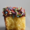 A side on view of a slice of gluten free, FODMAP friendly vanilla birthday cake. It is topped with brown butter chocolate icing and sprinkles