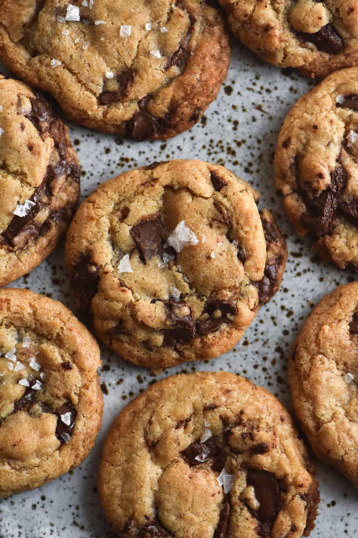 A close up, aerial view of gluten-free vegan choc-chip cookies topped with flaky salt. The cookies sit atop a white speckled ceramic plate.