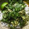 A closeup aerial image of a speckled ceramic bowl filled with white rice and topped with a FODMAP friendly, vegan Thai green curry. The curry is adorned with lots of fresh herbs and a lime wedge, and finished with three extra slices of green chilli.