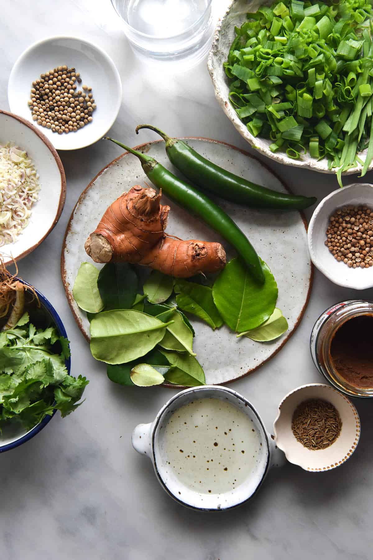 An aerial view of a marble table covered in small bowls of ingredients for a FODMAP friendly Thai green curry. Galangal, green chillies and makrut lime leaves sit on a plate in the middle, and the remaining ingredients are strewn around the outside in small ceramic bowls