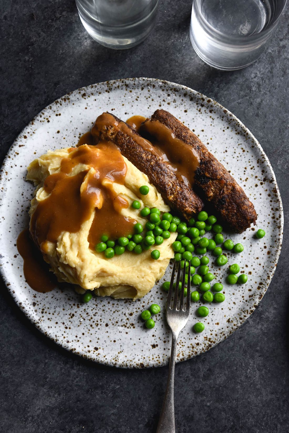 Vegan bangers and mash with gravy (gluten free, FODMAP friendly