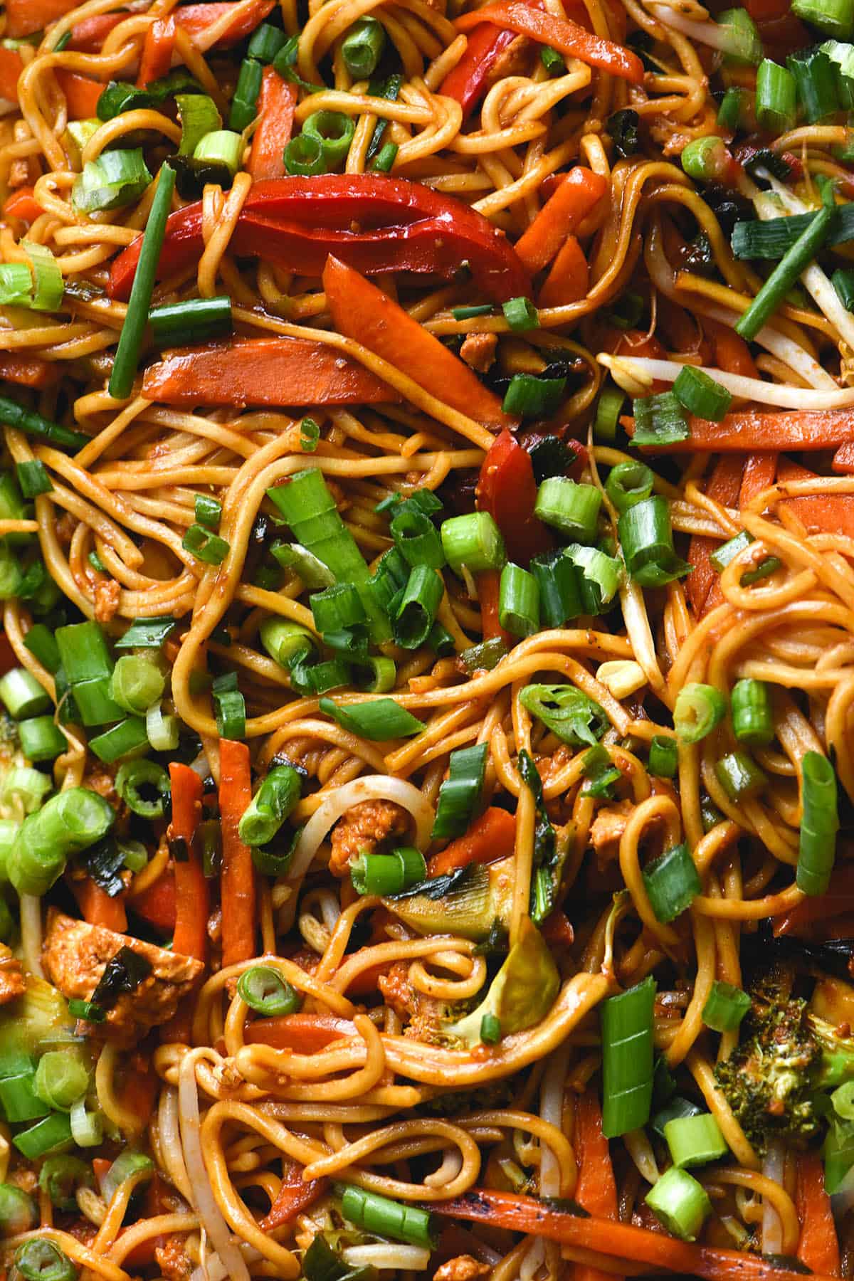 A close up aerial image of a wok filled with FODMAP friendly vegetarian chow mein and gluten free noodles