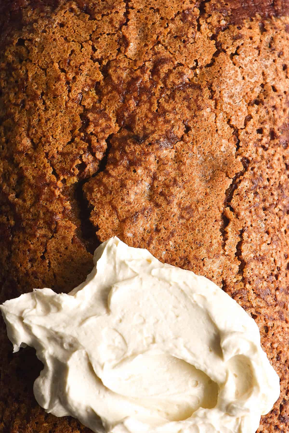 A close up macro photo of the top of a loaf of gluten free pumpkin bread. The loaf is dotted with finishing sugar that was sprinkled prior to baking, forming a crystallised golden brown crust. The lower half of the loaf is smeared with a cream cheese and maple icing. 