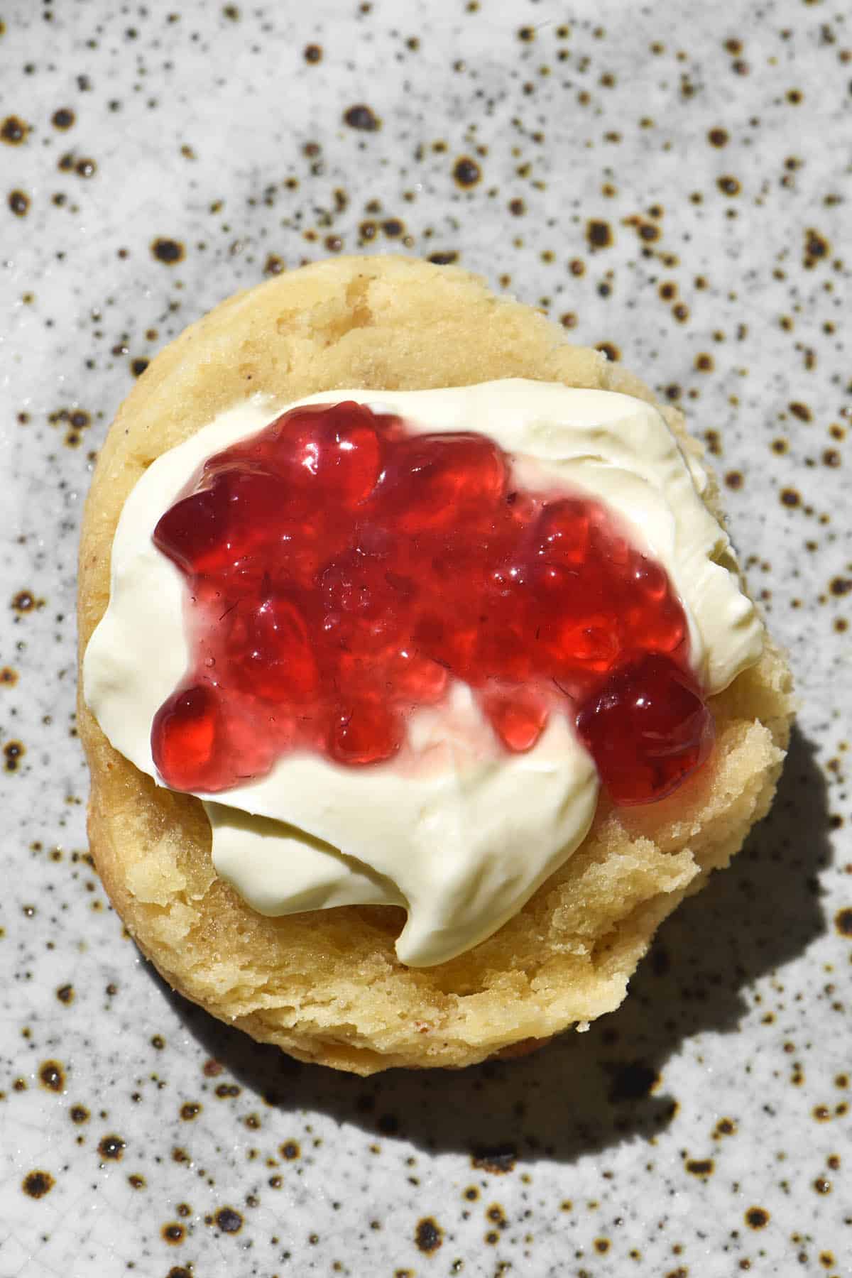 An aerial view of a gluten free scone half topped with jam and cream. The scone sits on a white speckled plate in bright sunlight.