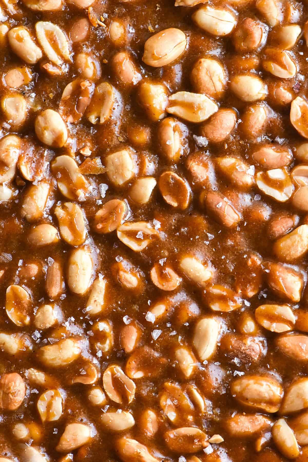 A close up aerial image of a slab of nut brittle without corn syrup. The nut brittle is topped with sea salt flakes and dotted with a generous amount of toasted peanuts. 