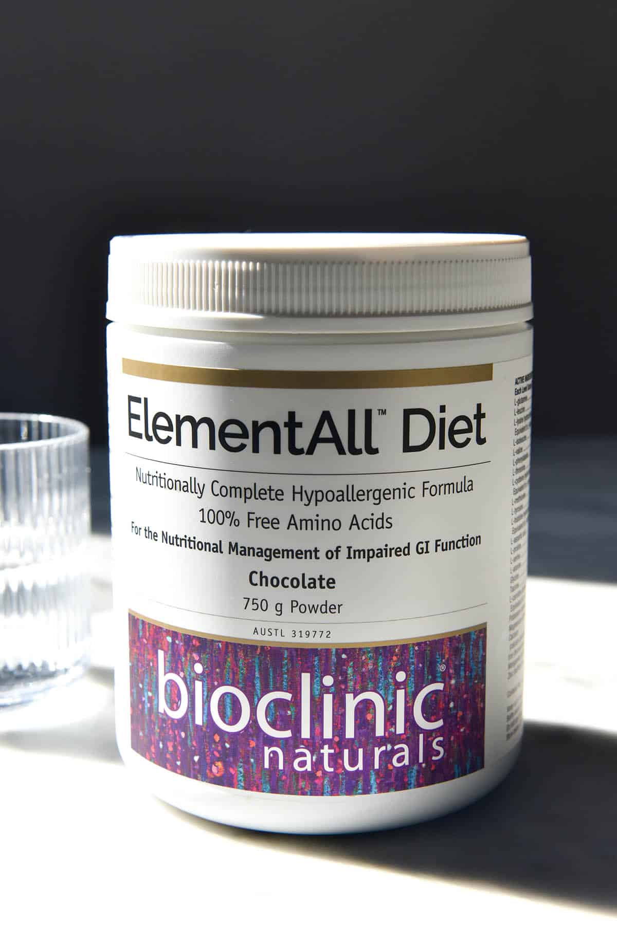 A side on view of a container of Elementall brand elemental diet nutritional formula
