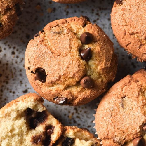 An aerial view of a white ceramic speckled plate topped with gluten free chocolate chip muffins. The muffin tops are golden brown and studded with extra chocolate chips