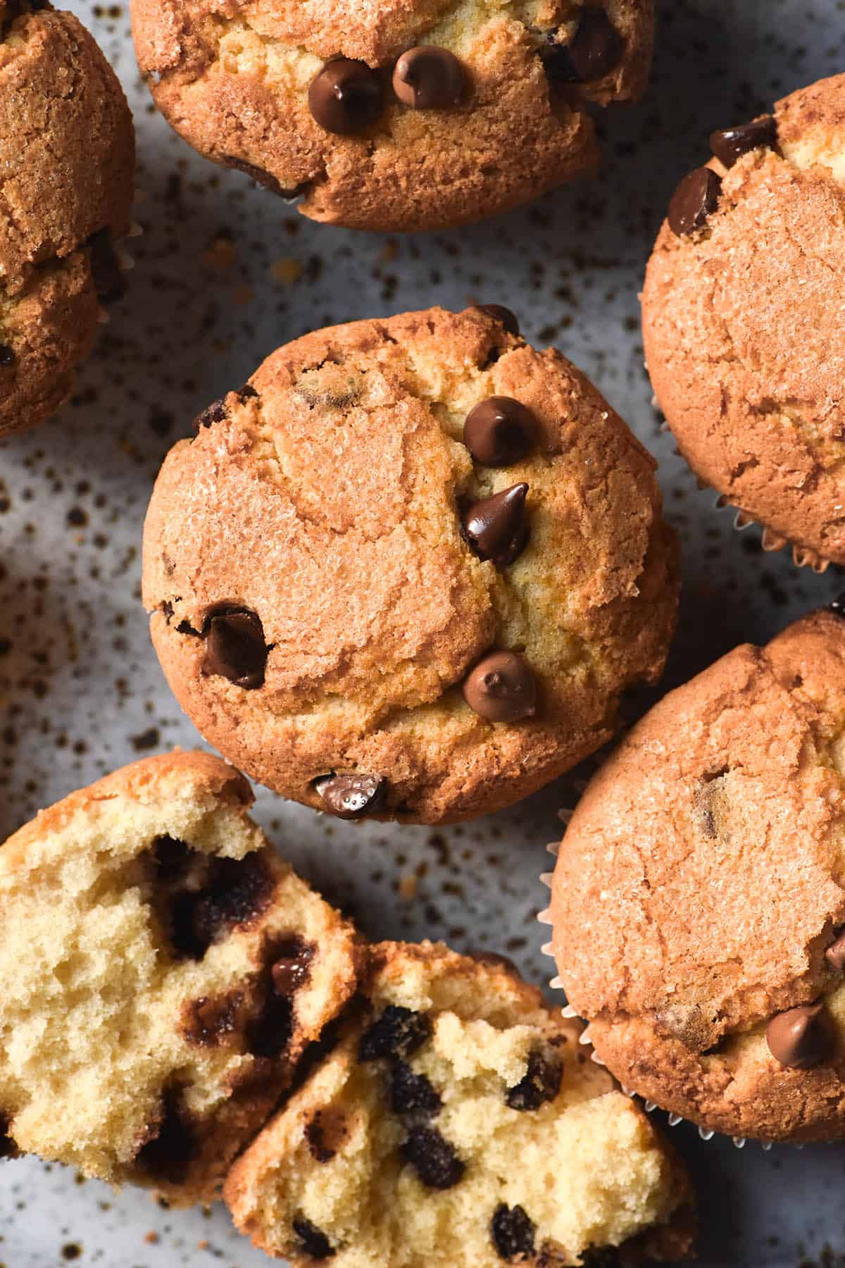 An aerial view of a white ceramic speckled plate topped with gluten free chocolate chip muffins. The muffin tops are golden brown and studded with extra chocolate chips