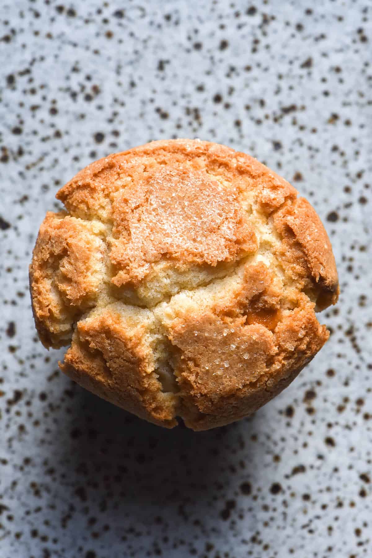 An aerial macro image of a gluten free muffin on a white speckled ceramic plate. The muffin is golden brown and topped with finishing sugar for a crunchy golden top. 