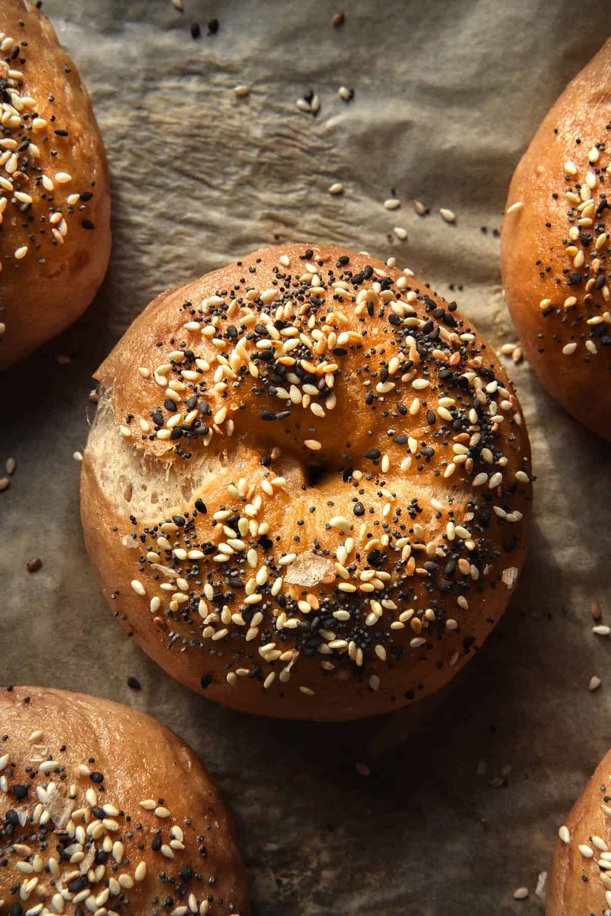 An aerial image of gluten free vegan bagels topped with low FODMAP everything bagel season atop a baking sheet. 