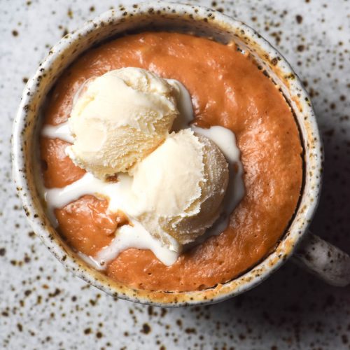 An aerial view of a protein mug cake topped with two small scoops of vanilla ice cream. The mug cake is in a white speckled ceramic mug on a white speckled ceramic plate