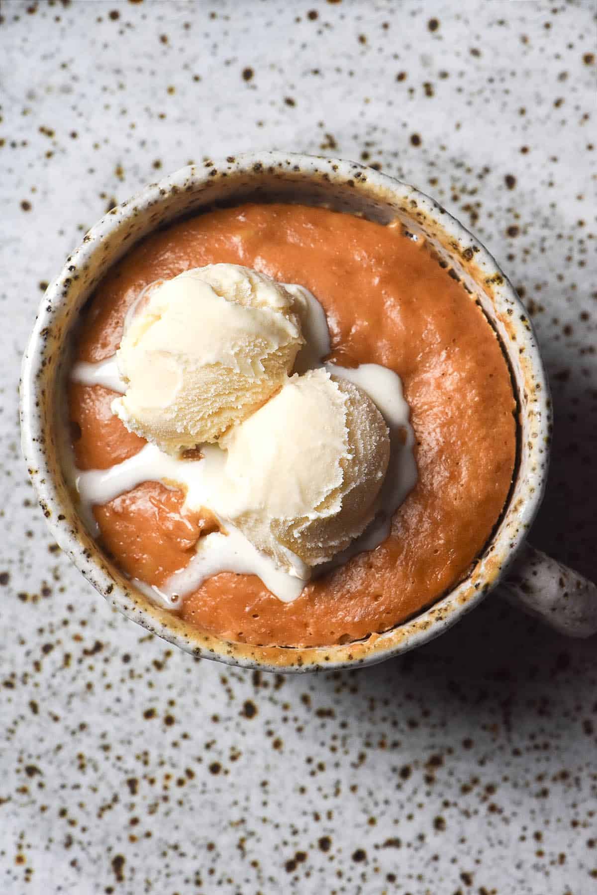 An aerial view of a protein mug cake topped with two small scoops of vanilla ice cream. The mug cake is in a white speckled ceramic mug on a white speckled ceramic plate