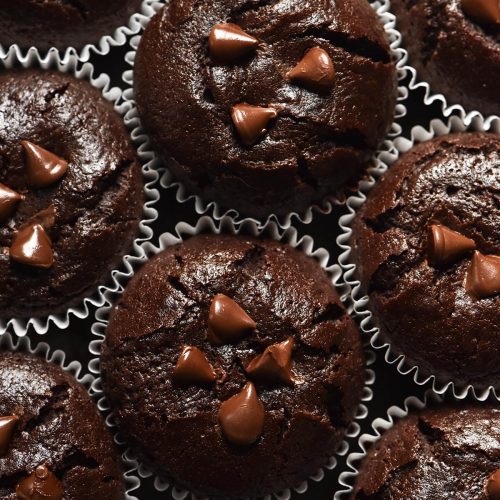 An aerial close up image of gluten free chocolate muffins grouped together in white muffin liners. The muffins are studded with melty dark chocolate chips.