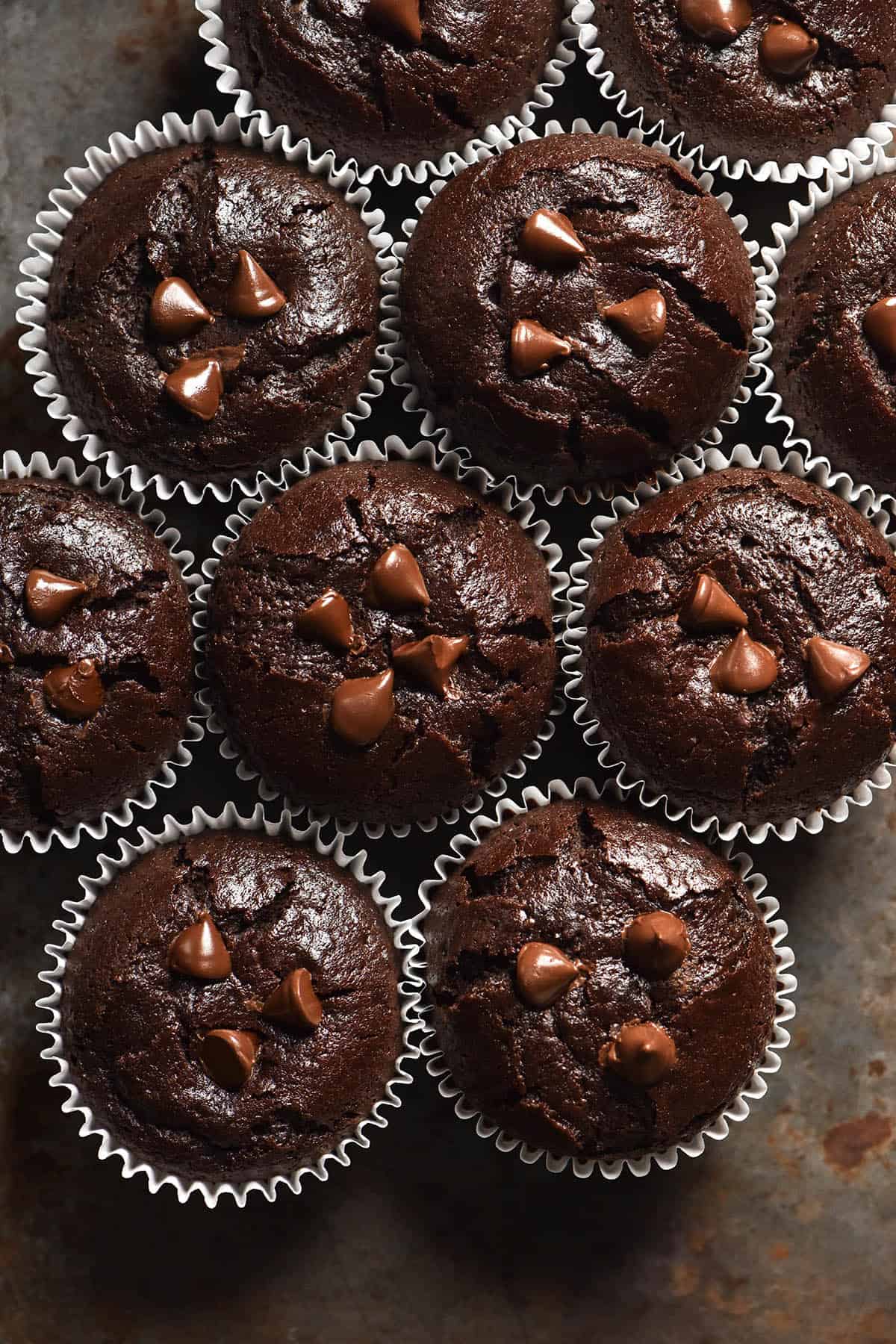 An aerial image of gluten free chocolate muffins arranged on a dark steel backdrop. The muffins are in white muffin liners and studded with dark chocolate chips. 