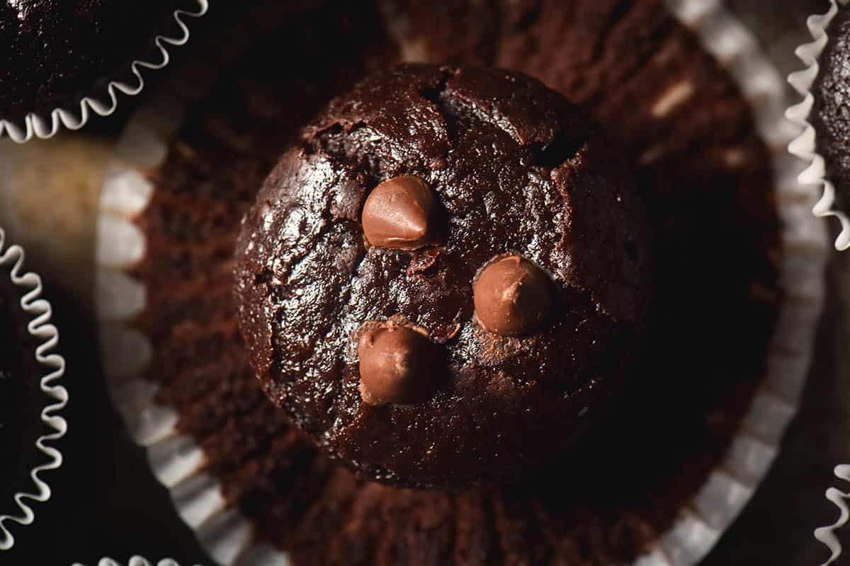 An aerial close up image of a gluten free chocolate muffin topped with melty chocolate chips. The muffin sits on an unfurled muffin liner on a dark steel backdrop. It is surrounded by other muffins. 