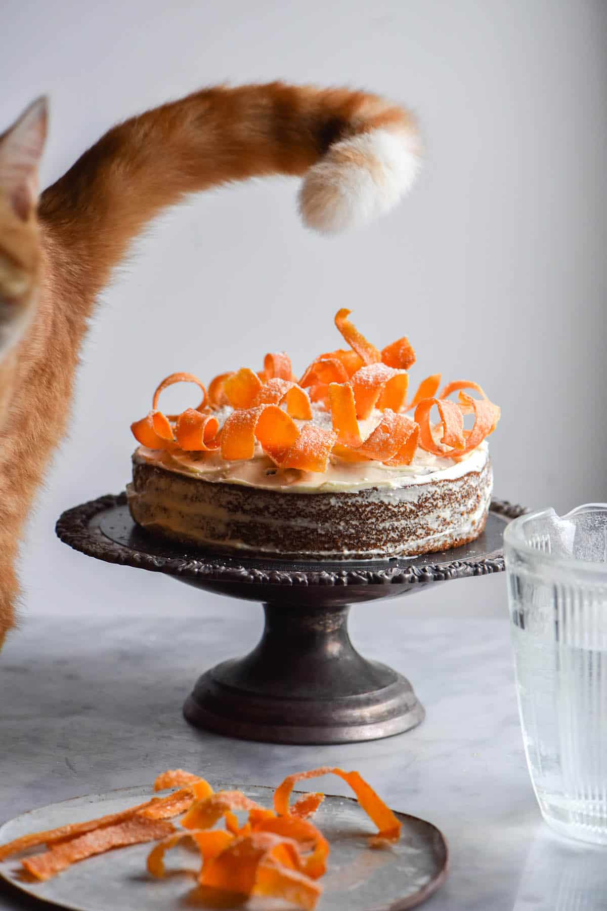 A side on image of a gluten free carrot cake topped with candied carrot swirls. A ginger cat stands to the left of the cake