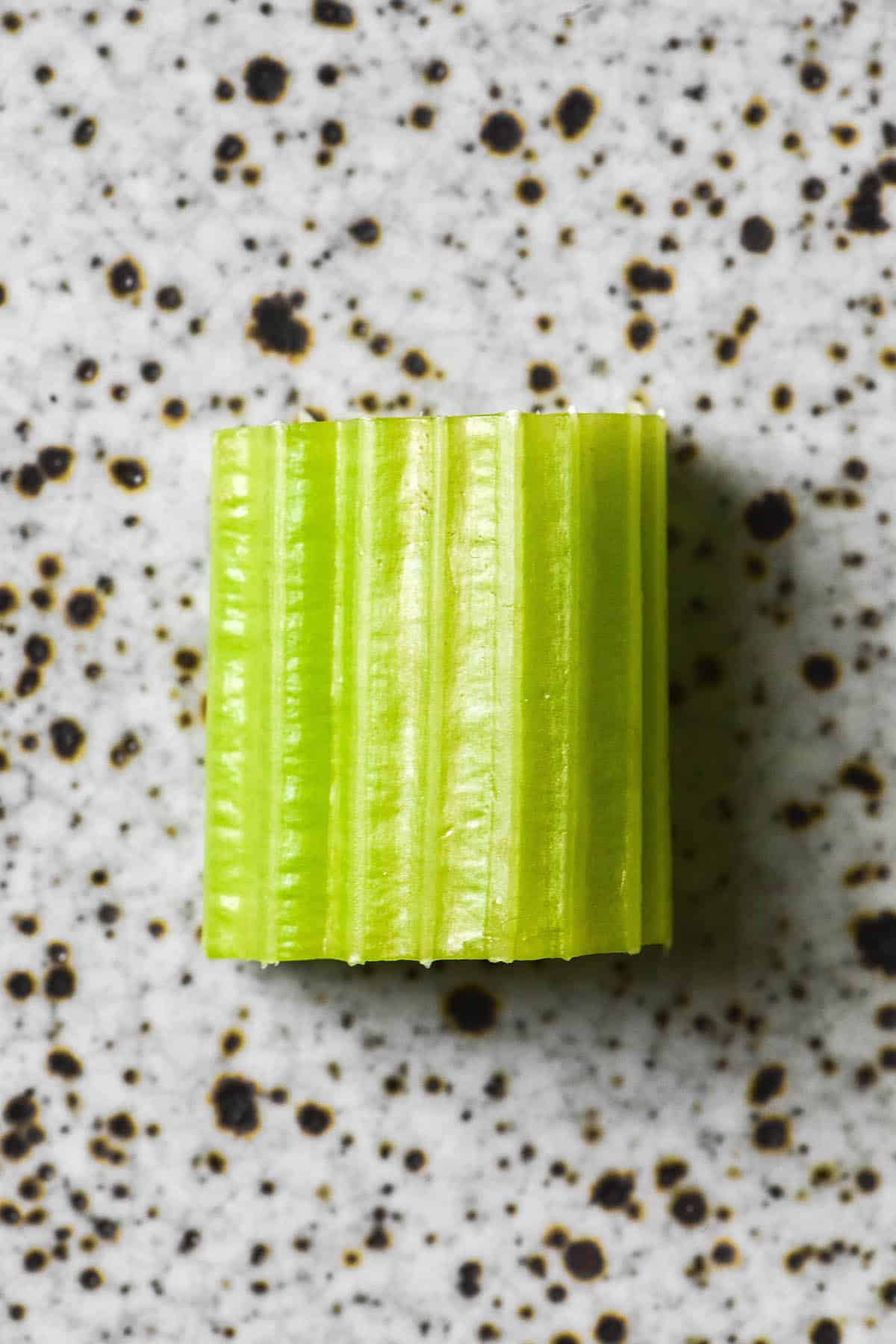 A close up macro image of a small piece of celery on a white speckled ceramic plate. 