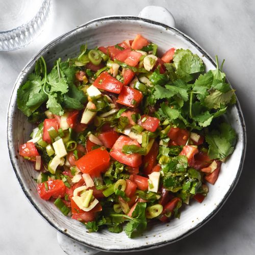 An aerial image of a white ceramic plate filled with low FODMAP pico de gallo sits on a white marble table. A glass of water sits to the top left of the image.