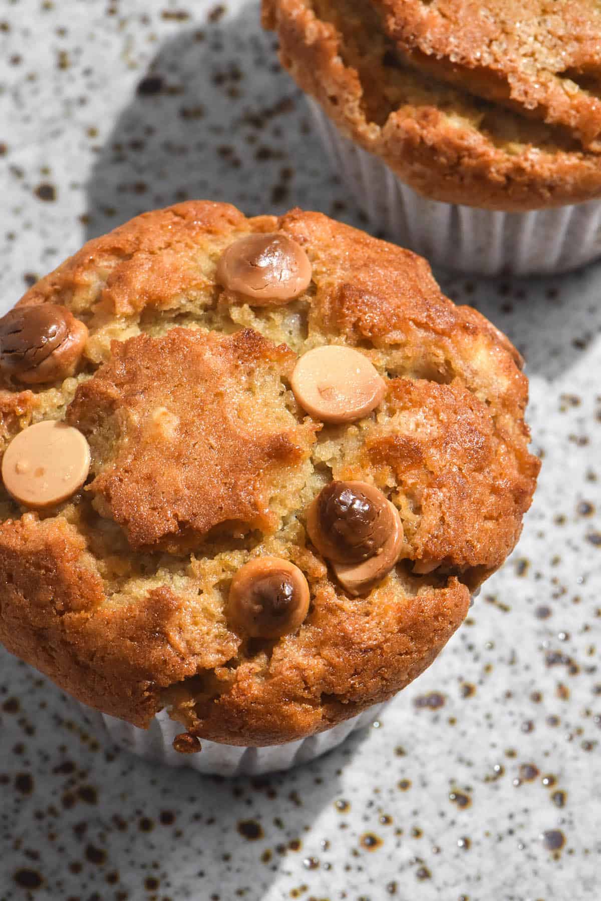 A close up macro image of two gluten free banana choc chip muffins on a white ceramic speckled plate. The muffins are golden brown and topped with either choc chips or finishing sugar. 