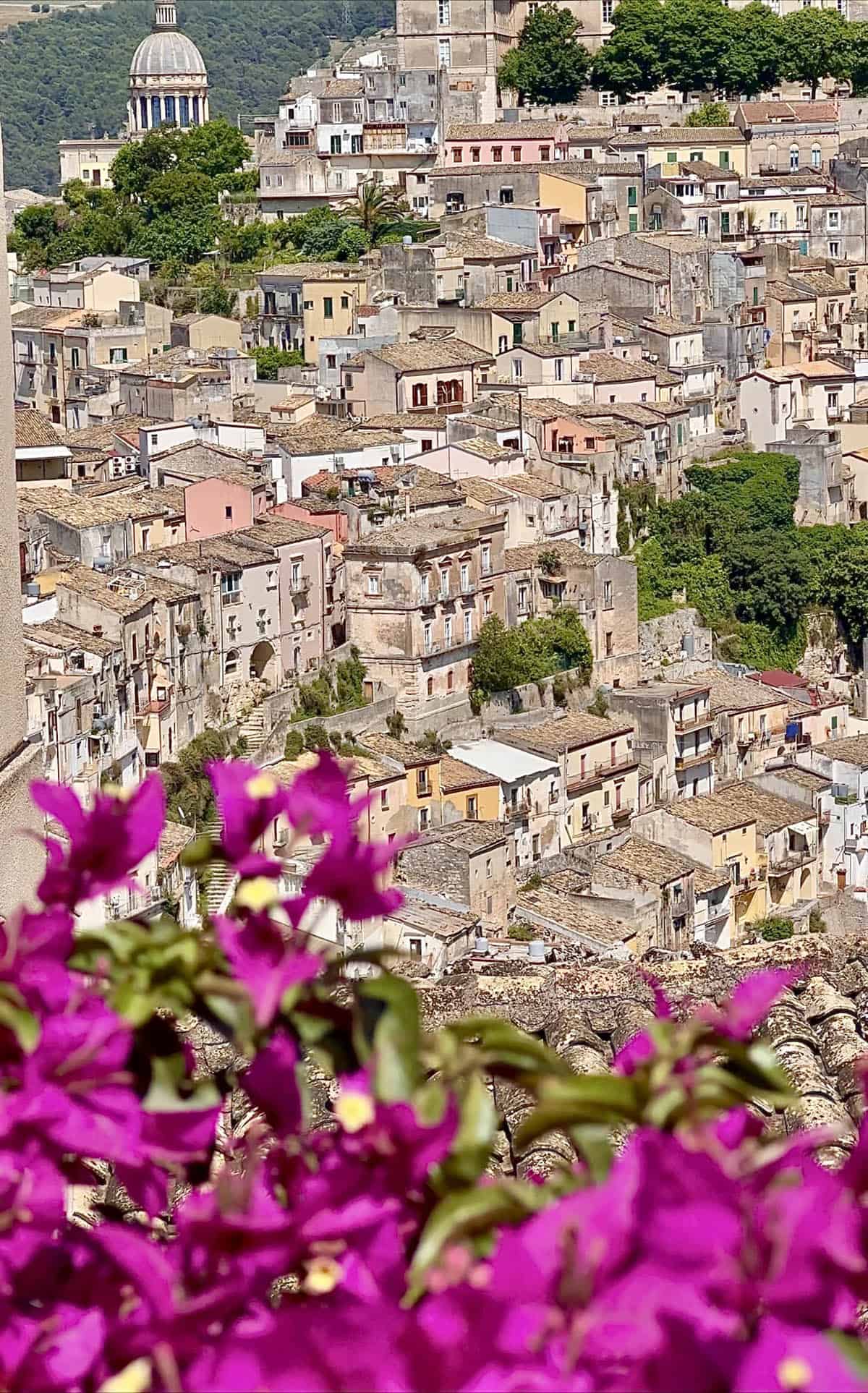 An image of the skyline of Ragusa Ibla as seen from Ragusa Superior. Bougainvillea frame the buildings in the bottom left corner of the image. 