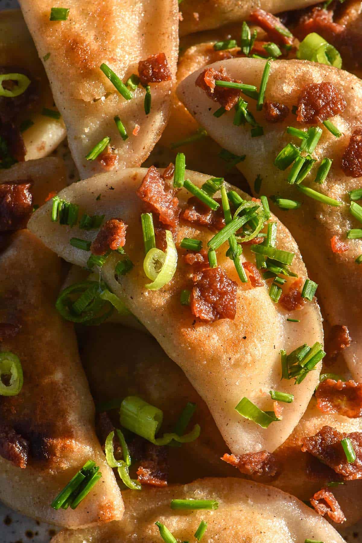 An aerial close up image of crispy golden brown gluten free pierogi topped with vegan bacon and chopped spring onion