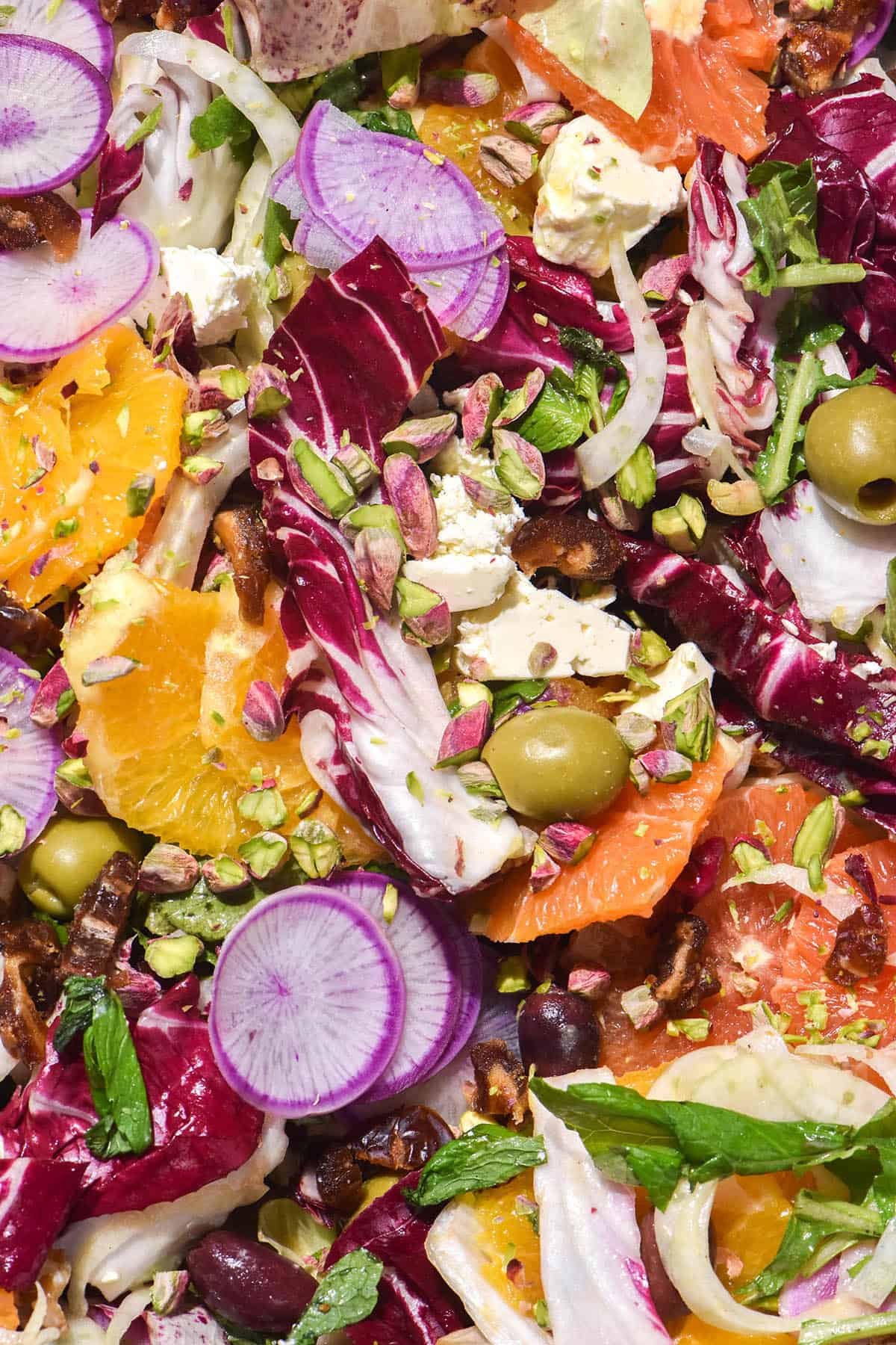 A close up macro image of a winter citrus salad with oranges, mint, fennel, watermelon radishes, radicchio, olives, feta and chopped dates.