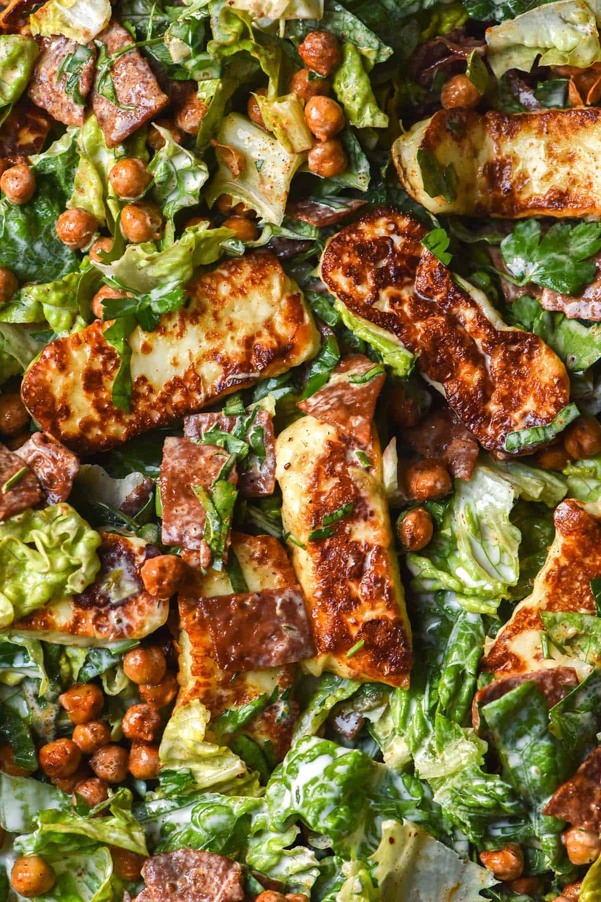 An aerial photo of a haloumi, crispy chickpea and vegetarian bacon salad with a creamy mayonnaise dressing, lettuce and chopped parsley. 