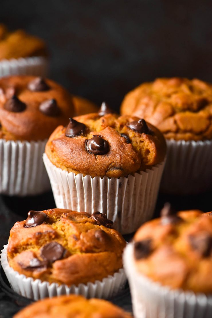 A moody side on image of gluten free pumpkin choc chip muffins in white muffin liners. The muffins are casually arranged on a mottled black muffin tray against a black backdrop.